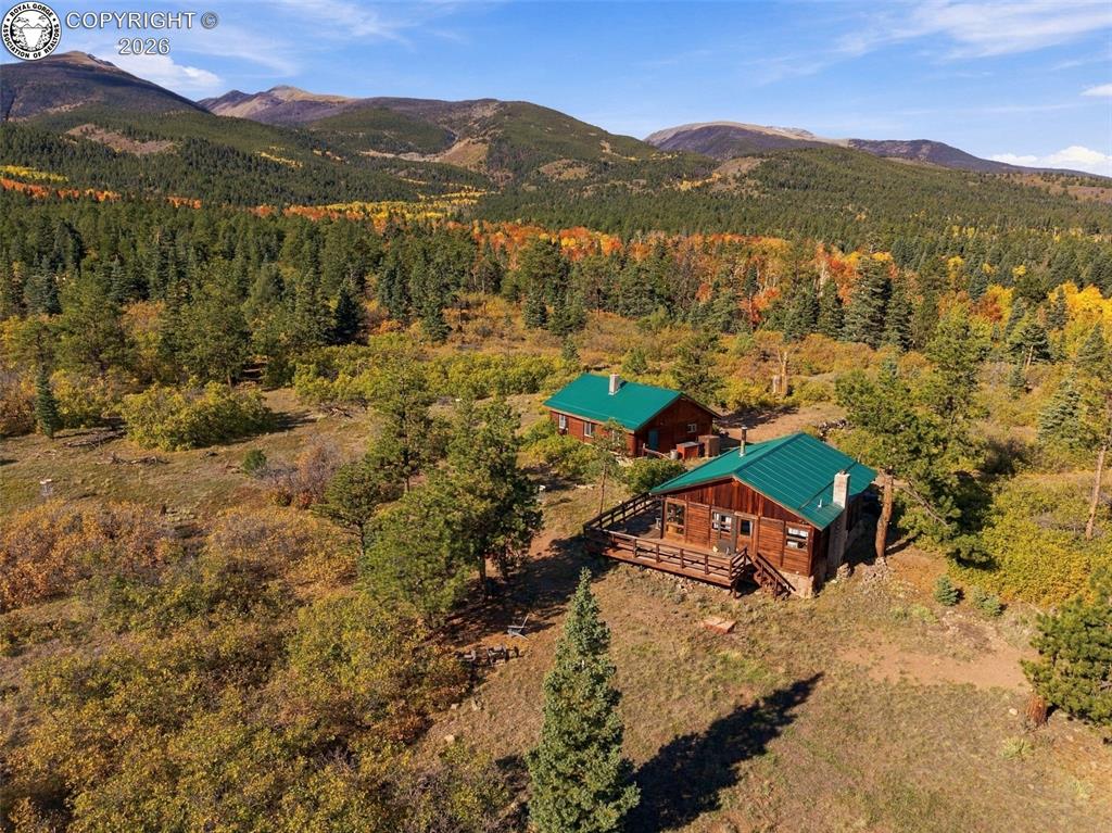 Caption: Log structures featuring metal roofs and elevated wooden decks, set against a mountainous forest lan