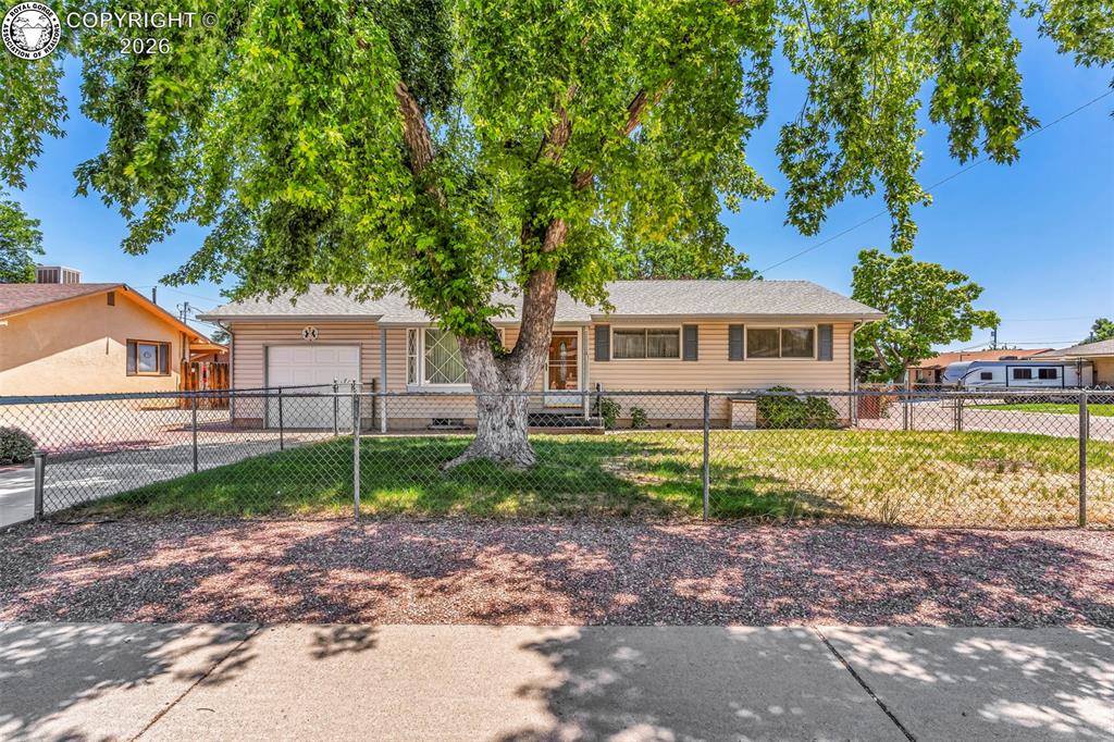 Caption: Single-story residence featuring light-colored siding, a chain-link fence, and a mature tree in the 