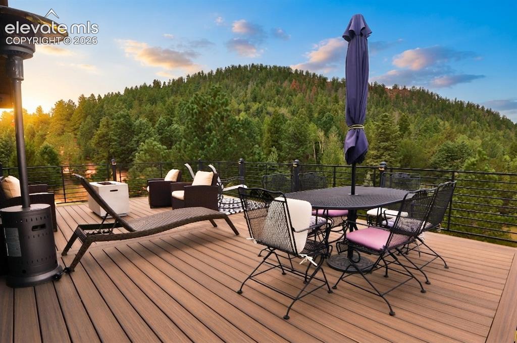 Image 9 of 46: Expansive outdoor deck with wood-finish flooring, featuring a metal railing