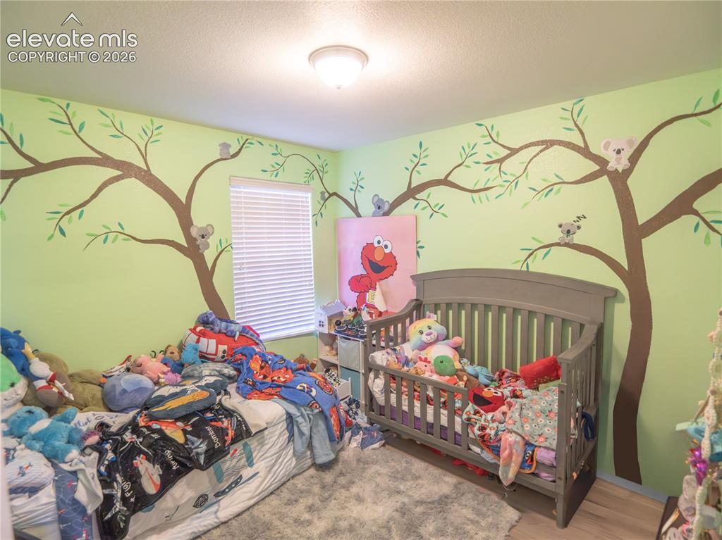Image 10 of 13: Room featuring light green walls with decorative tree murals, a single wind