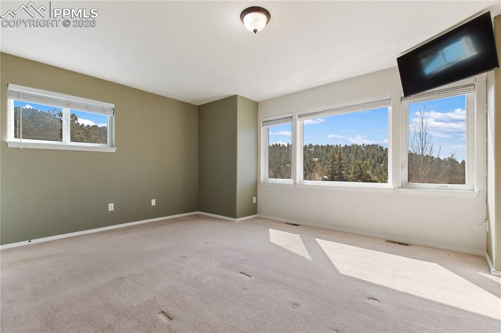Image 17 of 29: Spacious room with plush carpet flooring, two-tone wall paint, and multiple