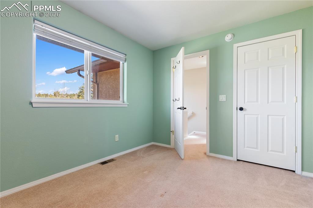 Image 20 of 29: Room featuring soft green walls, light neutral carpet, and white trim