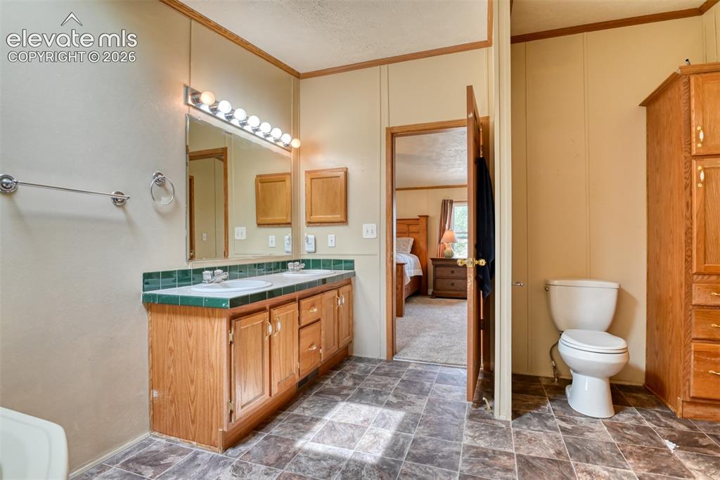 Image 16 of 50: Bathroom featuring a large soaking tub, skylight, dual vanities with integr