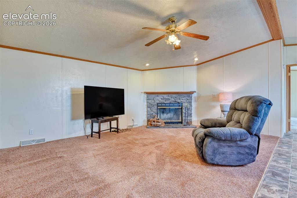 Image 26 of 37: Living area featuring a stone-clad fireplace with a dark insert, a ceiling