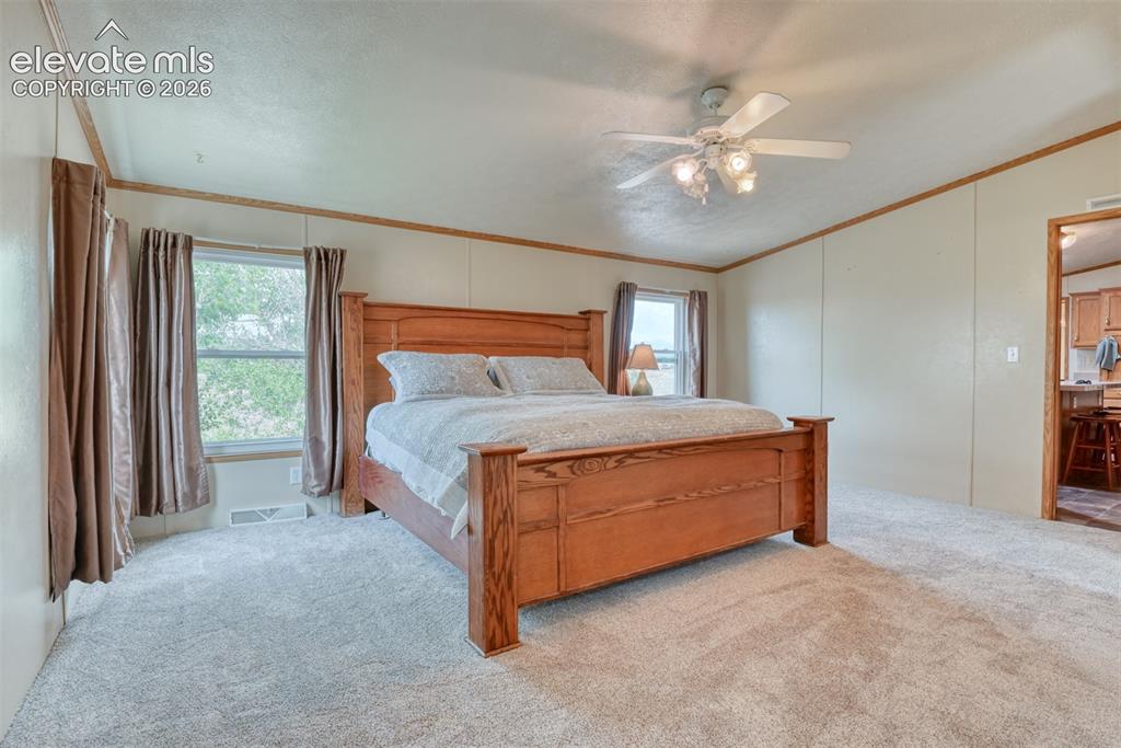 Image 7 of 37: Carpeted room featuring two windows with drapes, a ceiling fan with integra