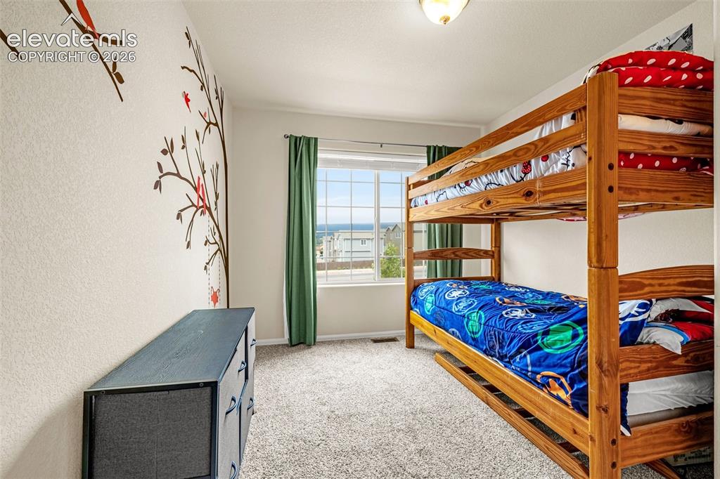 Image 18 of 38: Carpeted room featuring a large window with horizontal grids, textured wall