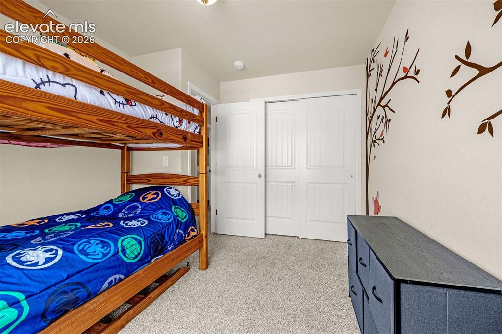 Image 19 of 38: Carpeted room featuring a white paneled closet with bi-fold doors