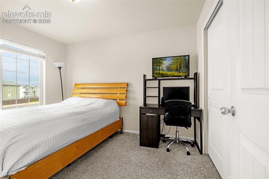 Image 21 of 38: Third Bedroom featuring a large window, light gray carpeting, and a white p