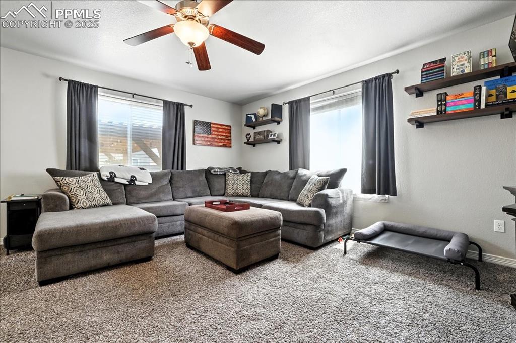 Image 9 of 31: Living room featuring plenty of natural light, carpet floors, ceiling fan,