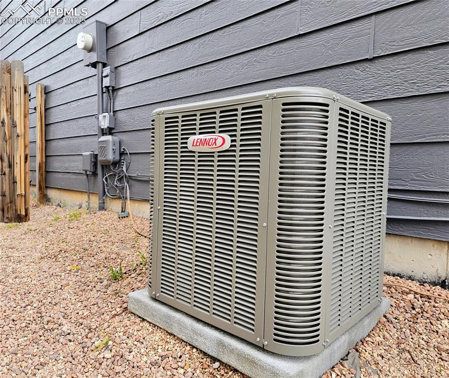 Image 29 of 31: Exterior view of a central AC unit and electric meter