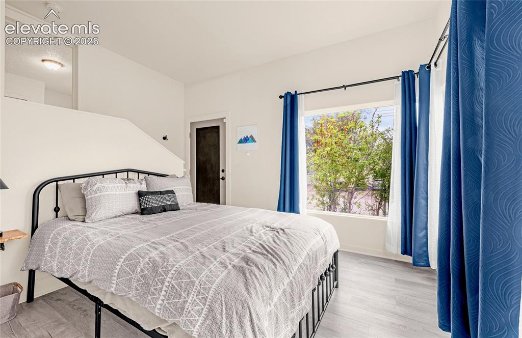 Image 24 of 46: Light wood-finish flooring, a bright window, and a dark-paneled door