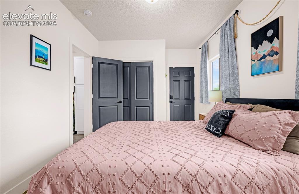 Image 29 of 46: Room featuring a window with patterned drapes, a paneled door, and a built-