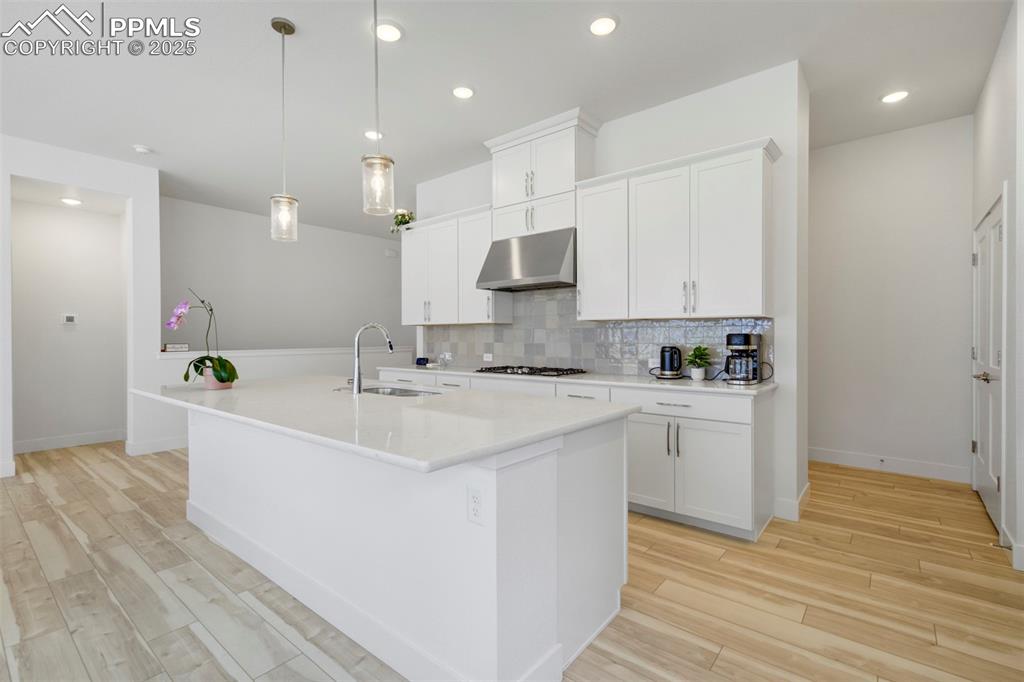Image 18 of 45: Kitchen with decorative backsplash, white cabinetry, decorative light fixtu