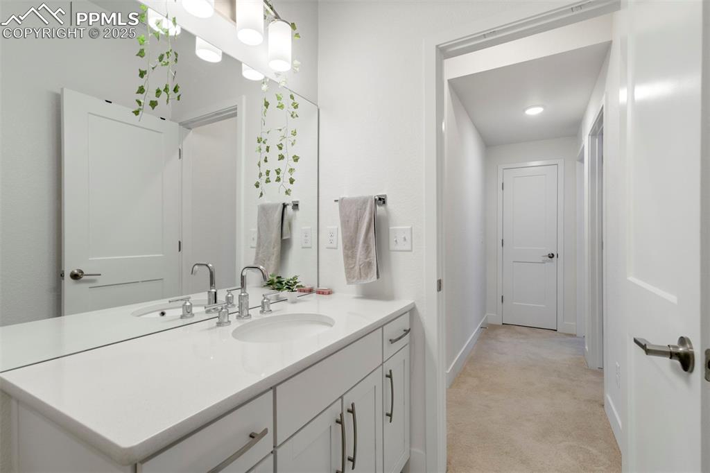 Image 36 of 45: Bathroom with light colored carpet and vanity