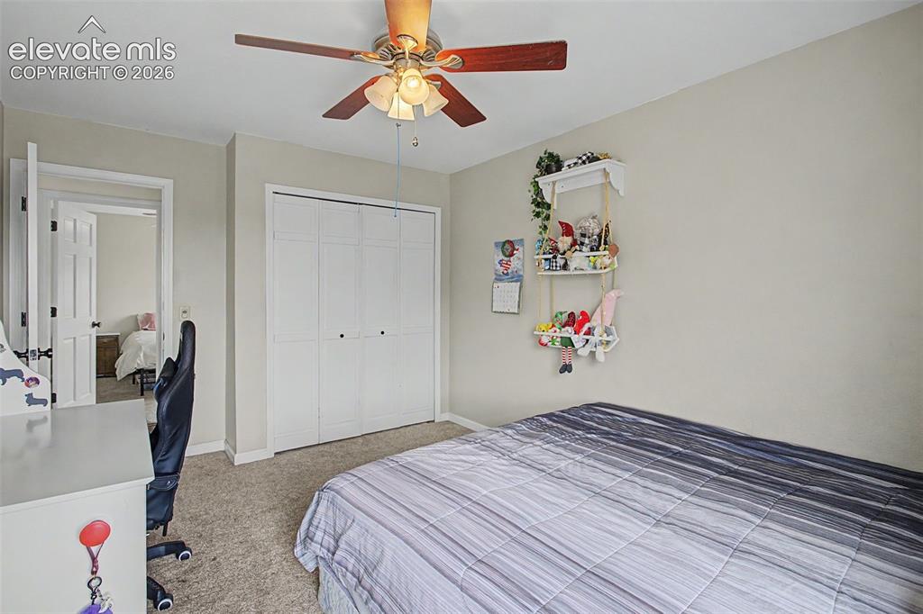 Image 29 of 45: Room featuring a ceiling fan, light gray wall paint, white trim, and light-