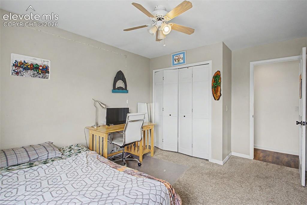 Image 31 of 45: Carpeted room featuring a ceiling fan with light kit, bi-fold closet doors,