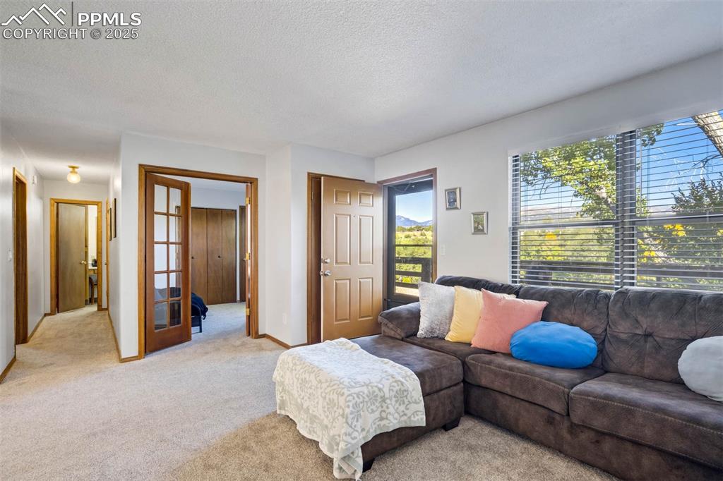 Image 13 of 35: Living area featuring carpet and a textured ceiling