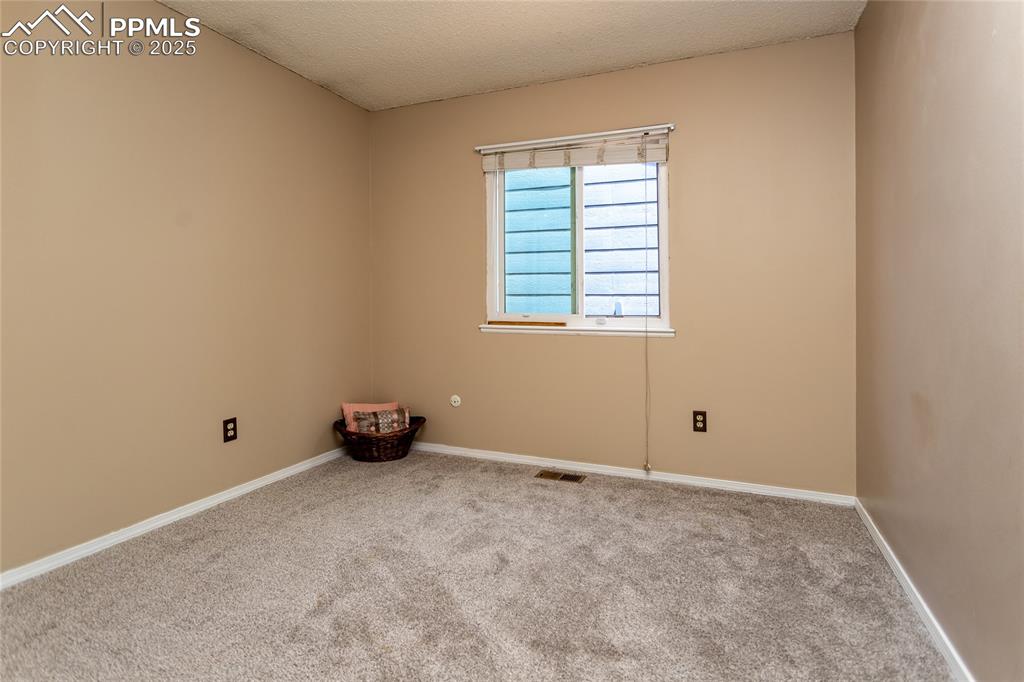 Image 19 of 50: Unfurnished room with carpet flooring, baseboards, and a textured ceiling