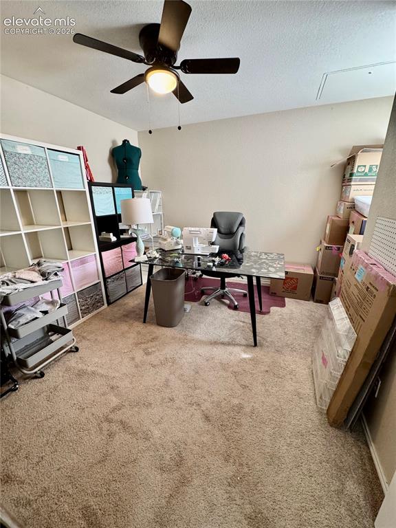Image 15 of 23: Neutral tone wall paint, textured ceiling, and a ceiling fan with integrate