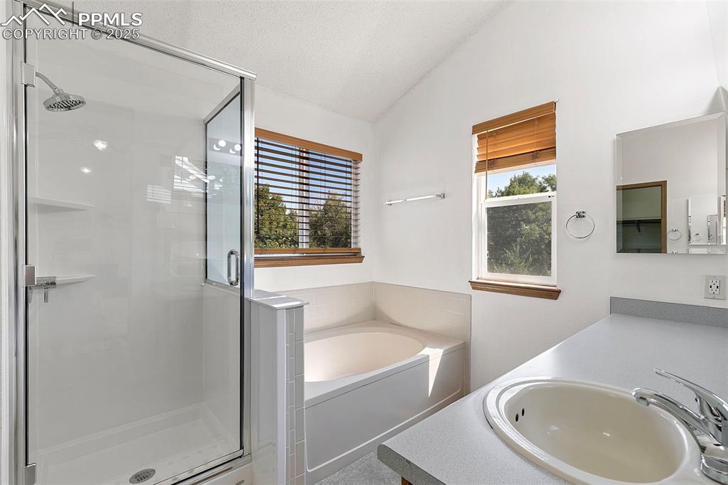Image 18 of 29: Primary bathroom with stand-up shower and soaking tub