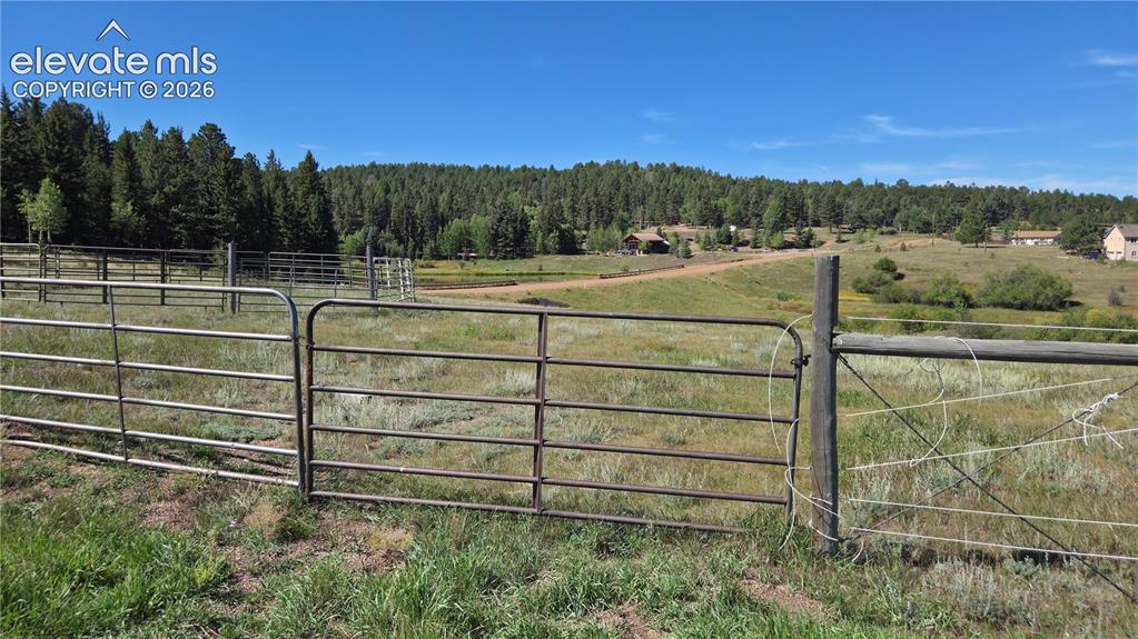 Image 11 of 35: Property featuring a double metal gate, wood fence posts, and a gravel road