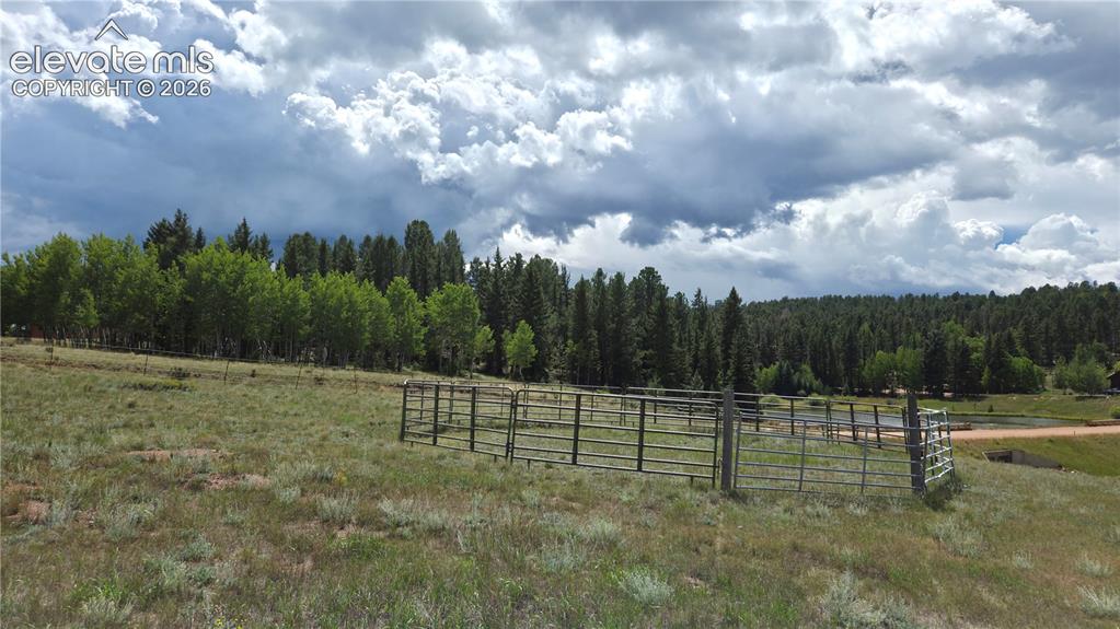 Image 4 of 35: Expansive open field with scattered natural grasses, a metal fenced enclosu