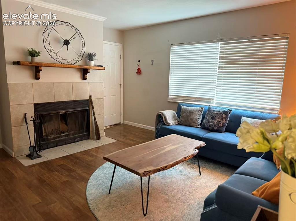 Image 3 of 11: Wood-finish flooring throughout, complemented by a tiled fireplace with a w