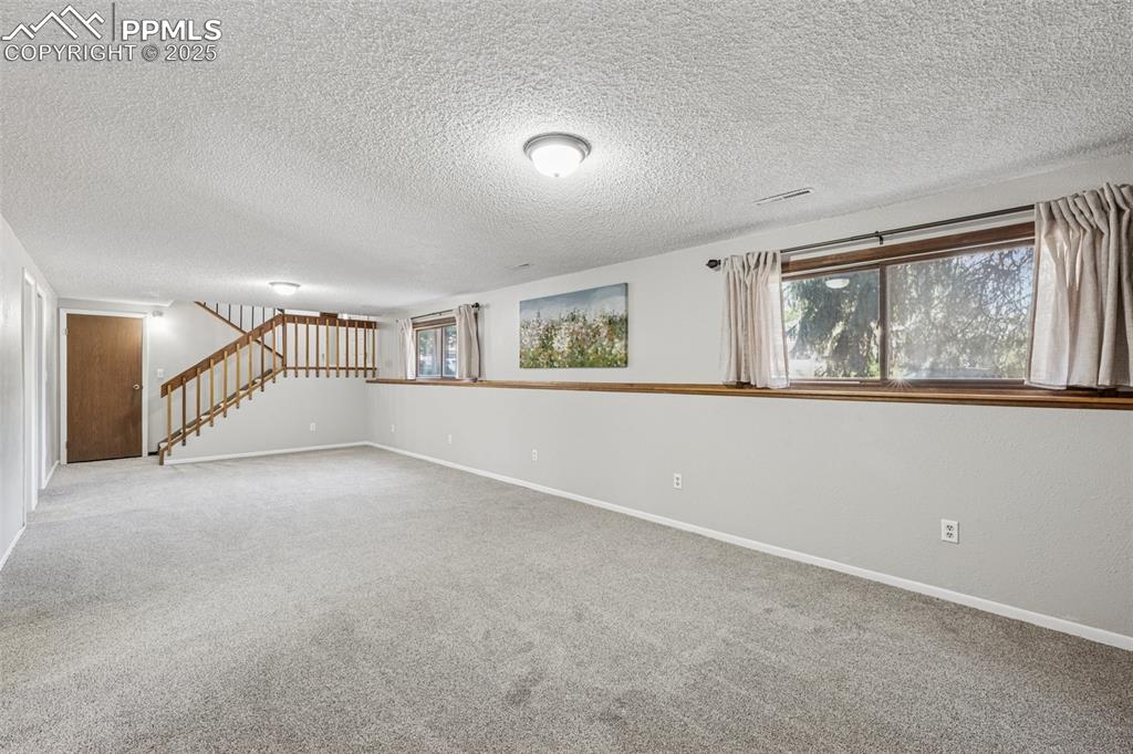 Image 25 of 44: lower level family room all new carpet and curtains. Wood burning fireplace