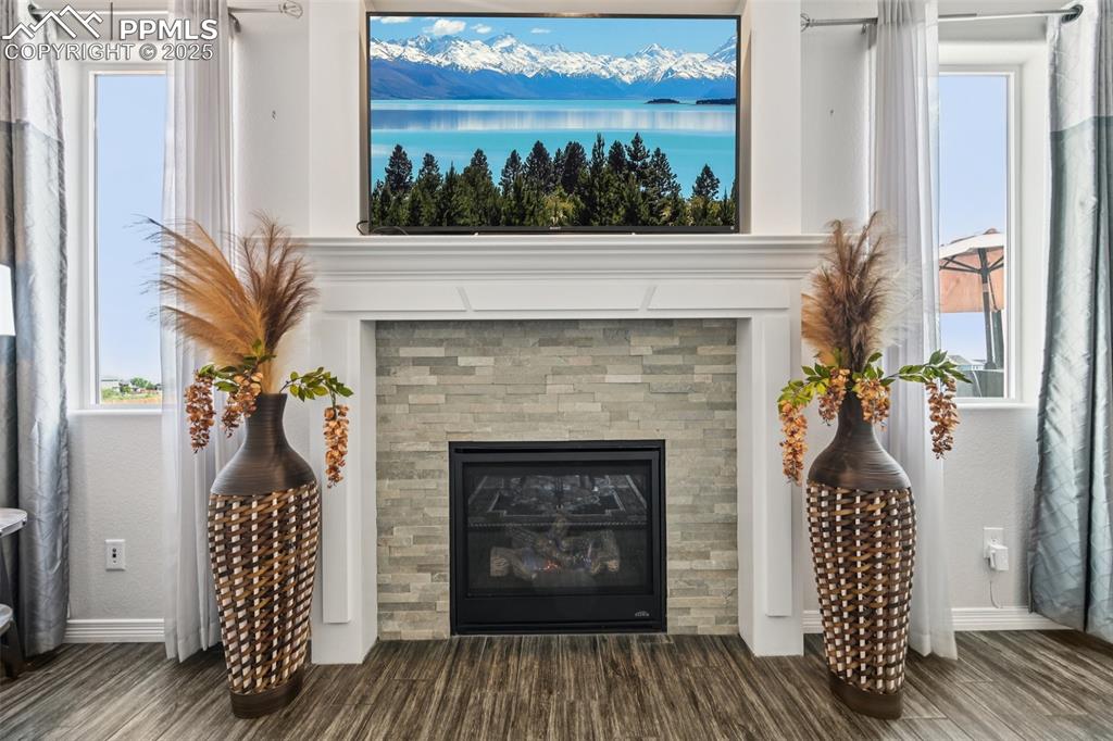 Image 10 of 44: Detailed view of wood finished floors and a glass covered fireplace