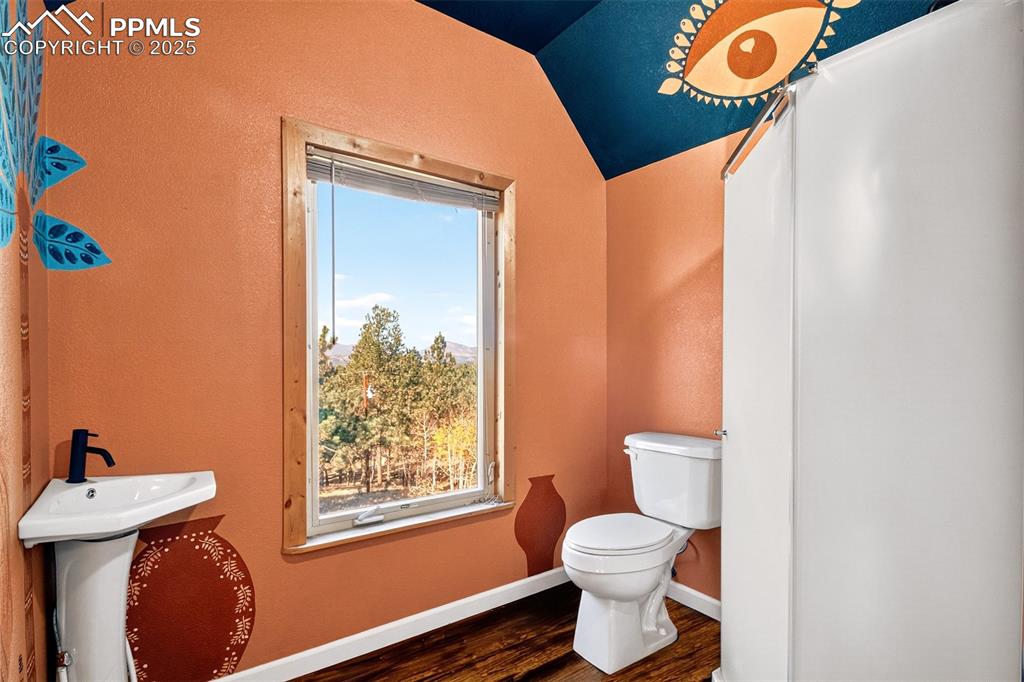 Image 34 of 42: Half bath with dark wood-type flooring, lofted ceiling, and a textured wall