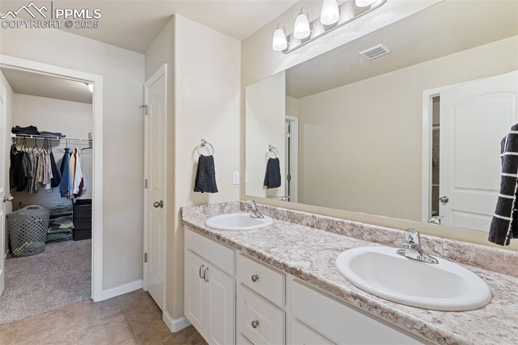 Image 10 of 33: Bathroom featuring double vanity, light carpet, a walk in closet, and light