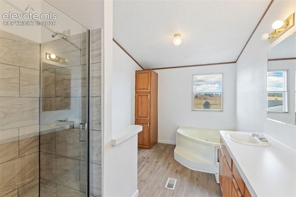 Image 10 of 24: Spacious 5-piece bath featuring a double vanity and updated shower