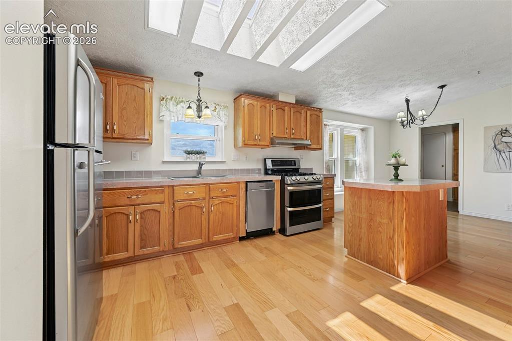 Image 16 of 38: Kitchen featuring wood-finish flooring, skylights, wood cabinetry, stainles