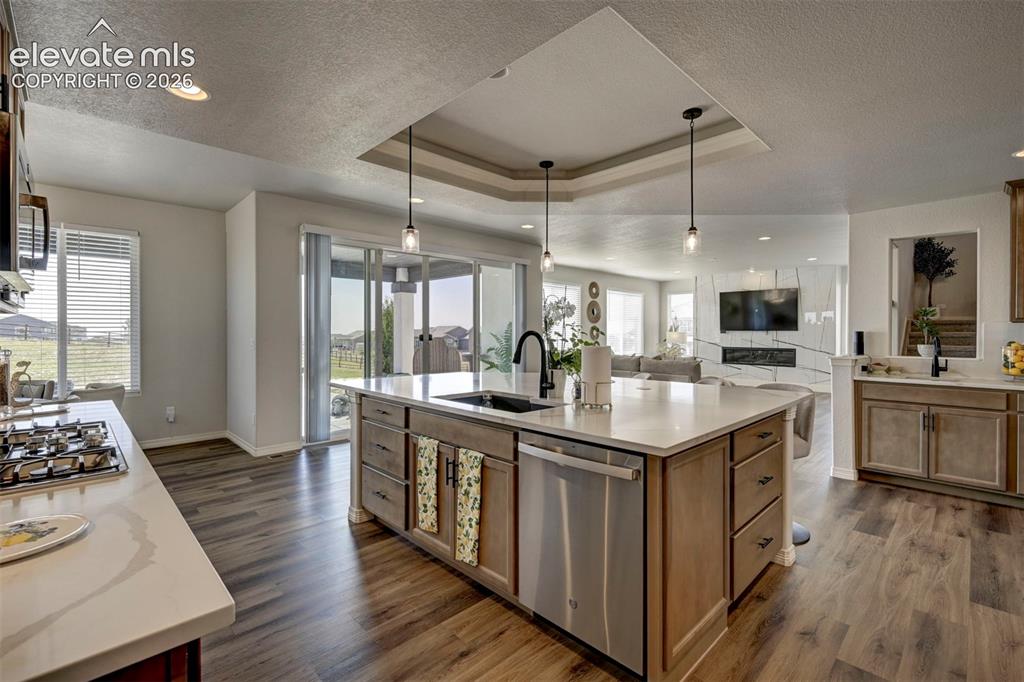 Image 16 of 45: Kitchen featuring a large central island with a built-in sink and stainless