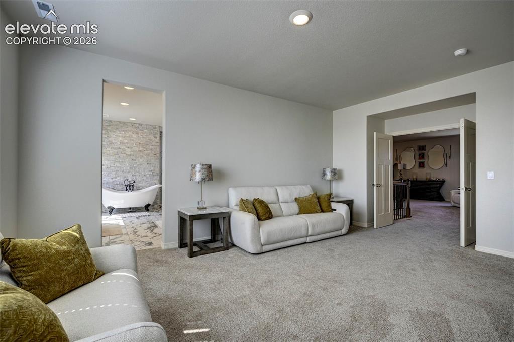 Image 21 of 45: Main bedroom sitting area w gas fireplace