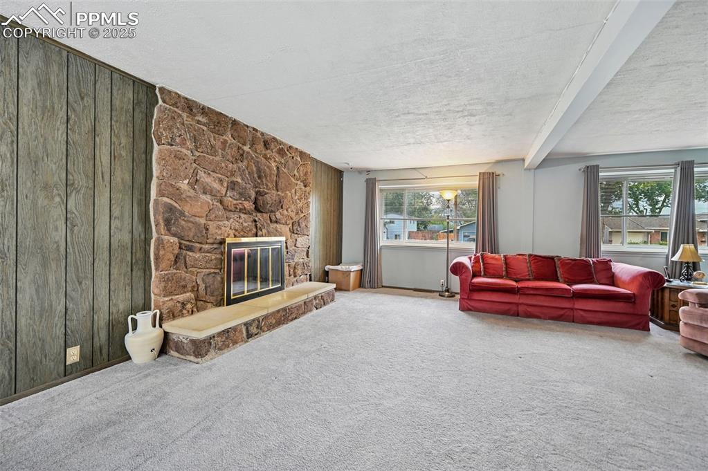 Image 4 of 23: Carpeted living area with wood walls, a textured ceiling, a stone fireplace