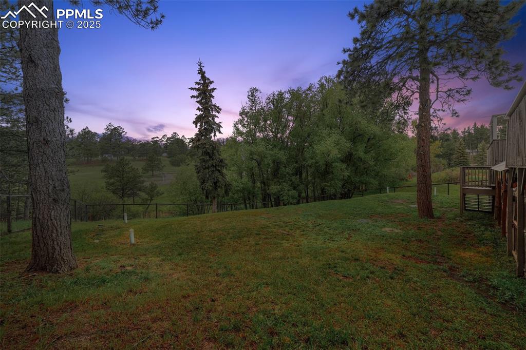 Image 37 of 38: View of yard at dusk