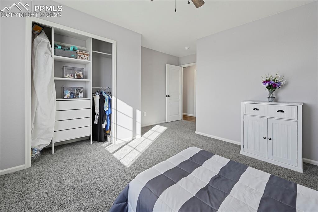 Image 24 of 37: Bedroom with carpet floors, a closet, and ceiling fan
