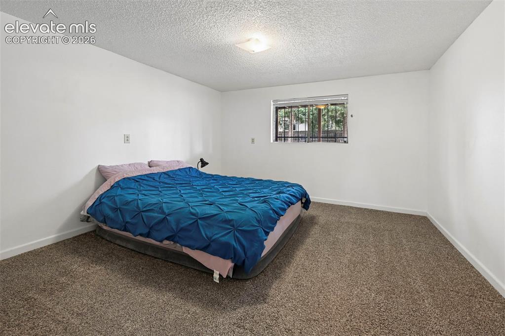Image 24 of 50: Bedroom featuring neutral carpeting, white walls, and a window with securit