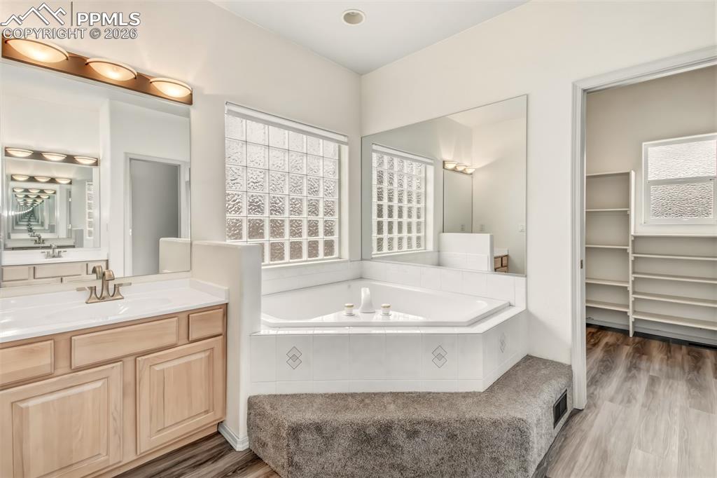 Image 21 of 35: Full bathroom featuring vanity, a garden tub, a walk in closet, and light w