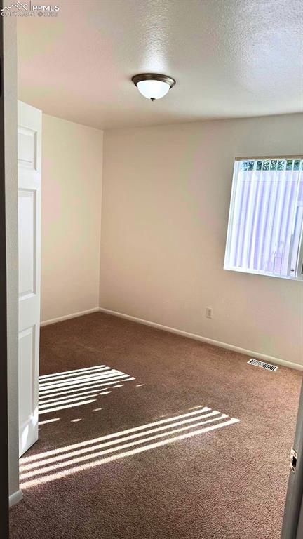 Image 17 of 34: Unfurnished room with a textured ceiling and carpet flooring. un-staged