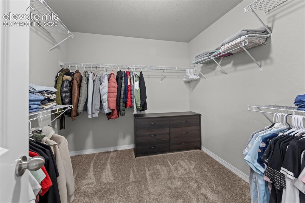 Image 19 of 41: Walk-in closet featuring wire shelving, hanging rods, and a built-in wood-f