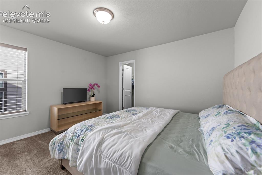 Image 24 of 41: Carpeted room featuring a window with horizontal blinds and a flush mount c
