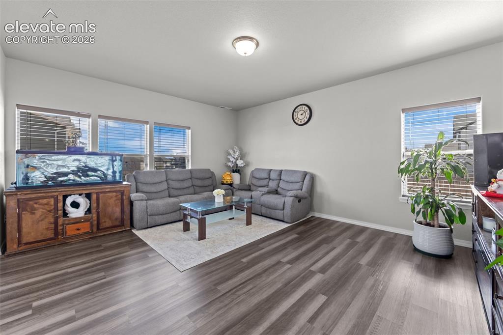 Image 7 of 41: Spacious living area featuring wood-finish flooring, ample natural light fr