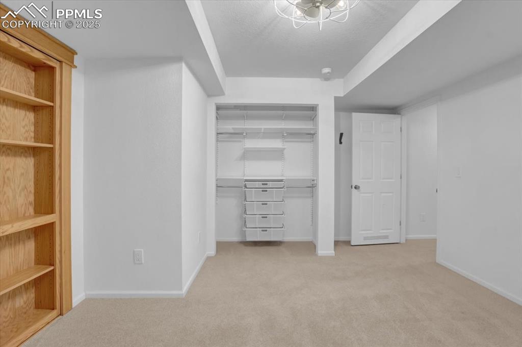 Image 19 of 36: Basement bedroom with bookcase door to storage
