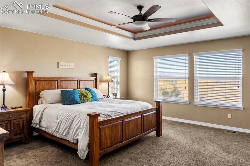Image 22 of 41: Carpeted bedroom with a raised ceiling, a ceiling fan, and crown molding w