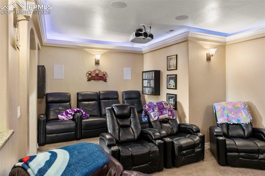Image 36 of 41: Cinema room featuring carpet floors and a raised ceiling with indirect ligh