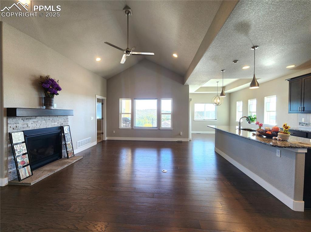 Image 5 of 50: spacious living room featuring a vaulted ceiling, cozy fireplace, and a sty