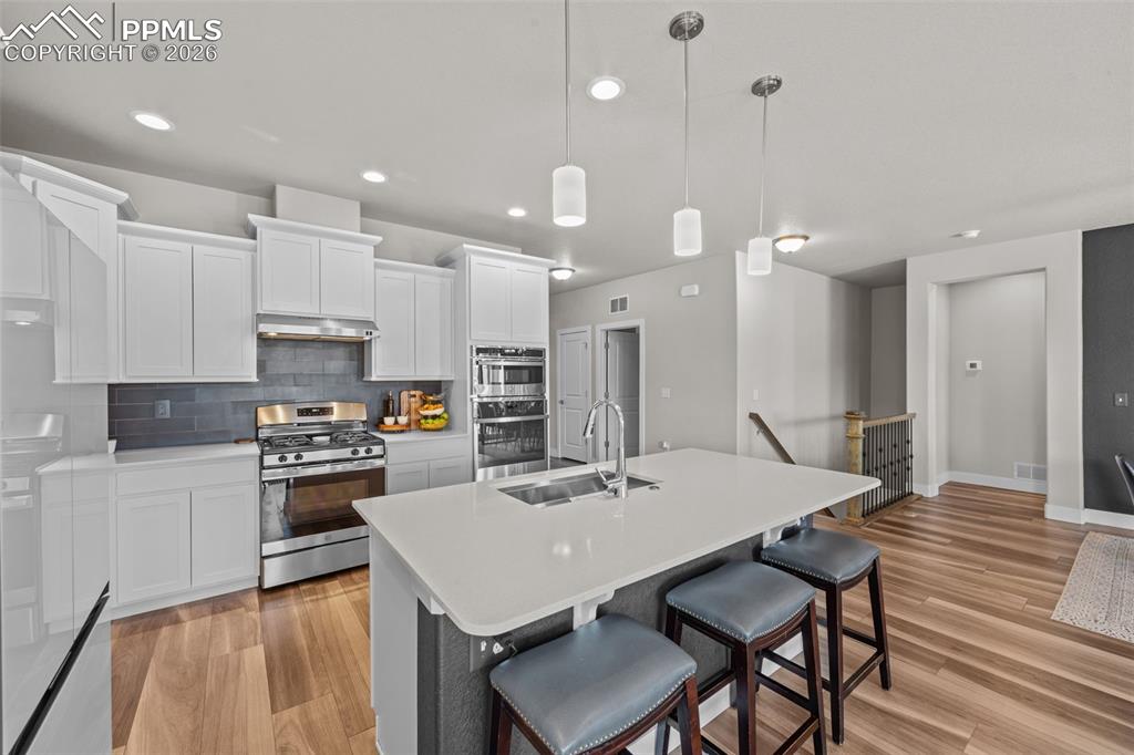 Image 15 of 49: Gourmet kitchen featuring a substantial island with integrated sink, stainl