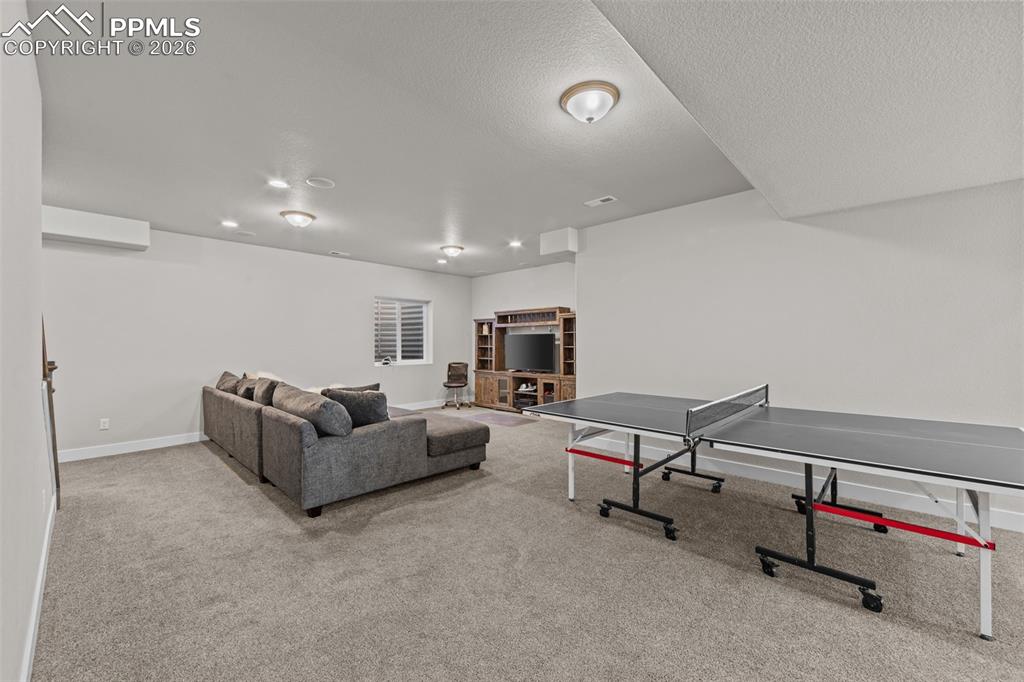 Image 27 of 49: Spacious carpeted room featuring recessed lighting, a window with horizonta